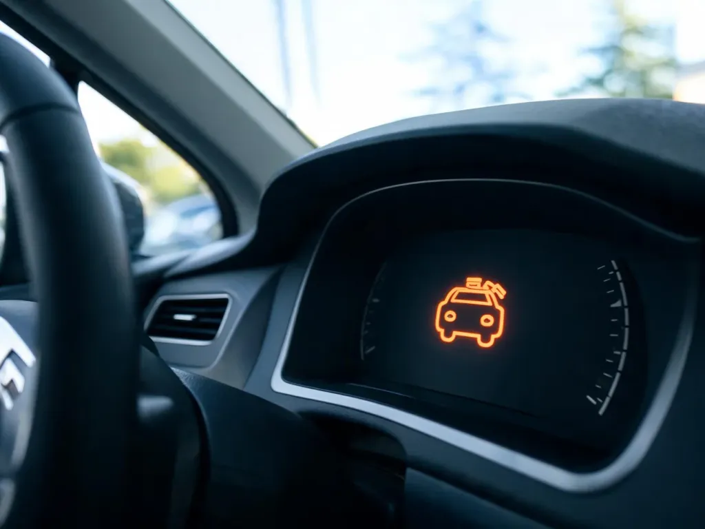 Zbliżenie na deskę rozdzielczą auta z zapaloną kontrolką check engine, podkreślające problem MIL i diagnostykę silnika.