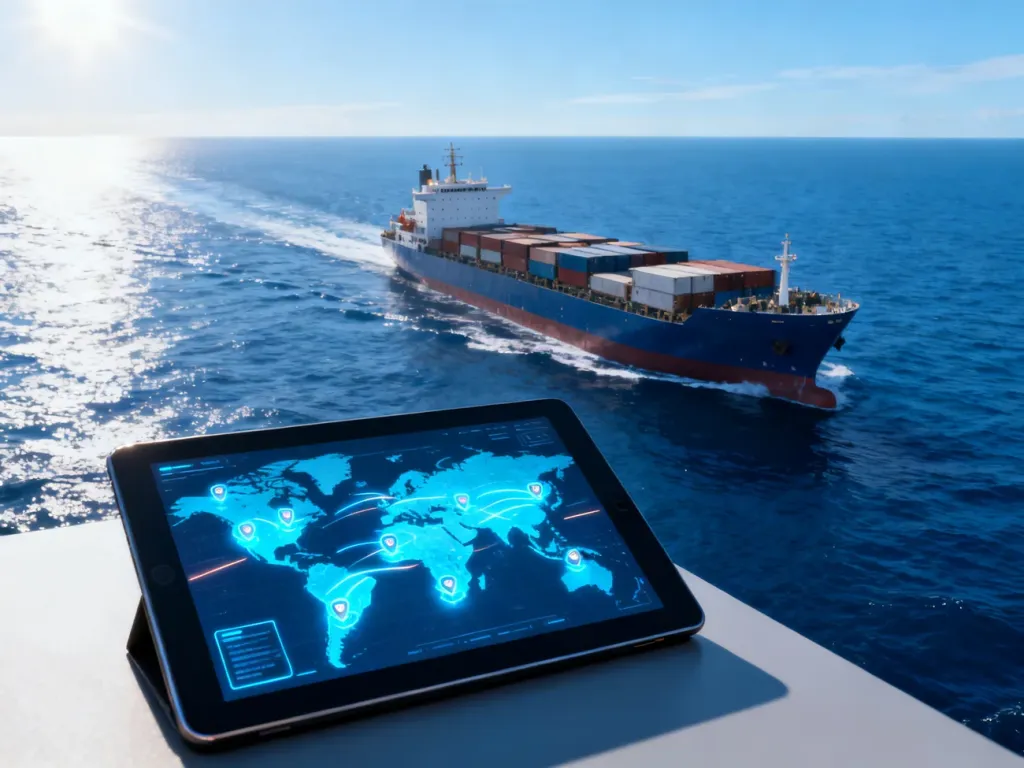 Nowoczesny kontenerowiec na oceanie oraz tablet z interaktywną mapą morską przedstawiającą lokalizację statków.