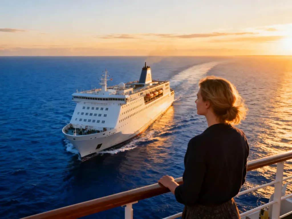 Nowoczesny prom Polferries płynący po Bałtyku w świetle zachodzącego słońca, z pasażerką podziwiającą widoki na pokładzie.