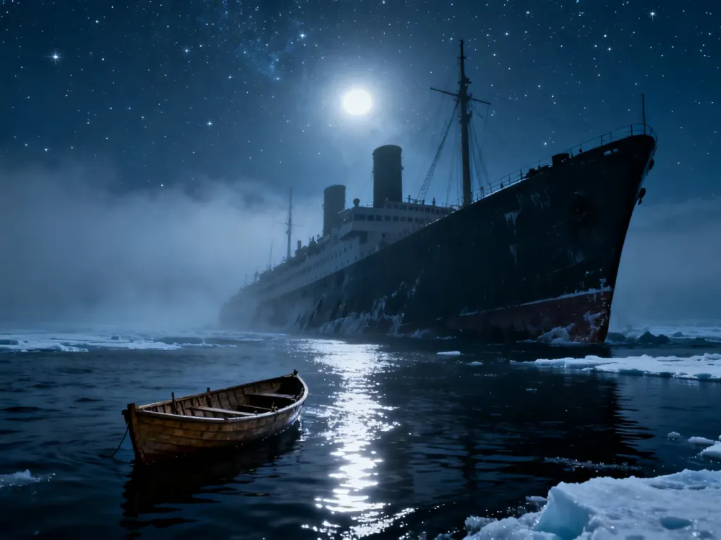 Sylwetka tonącego Titanica na tle nocnego oceanu oraz samotna szalupa ratunkowa dryfująca w lodowatej wodzie.