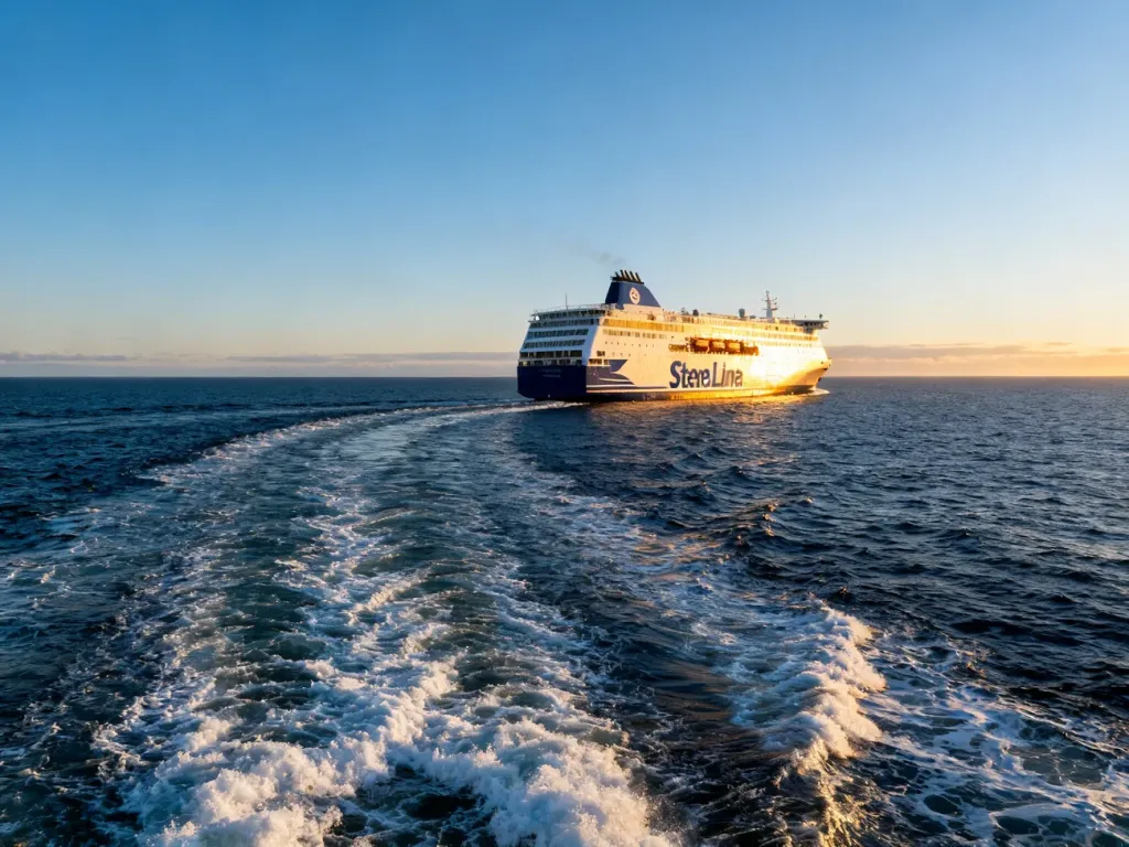 Nowoczesny prom Stena Line płynący przez spokojne wody Bałtyku w świetle poranka.