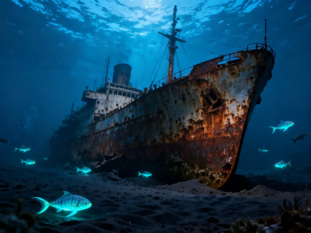 Wrak ogromnego statku spoczywający na dnie oceanu w otoczeniu bioluminescencyjnych stworzeń morskich.