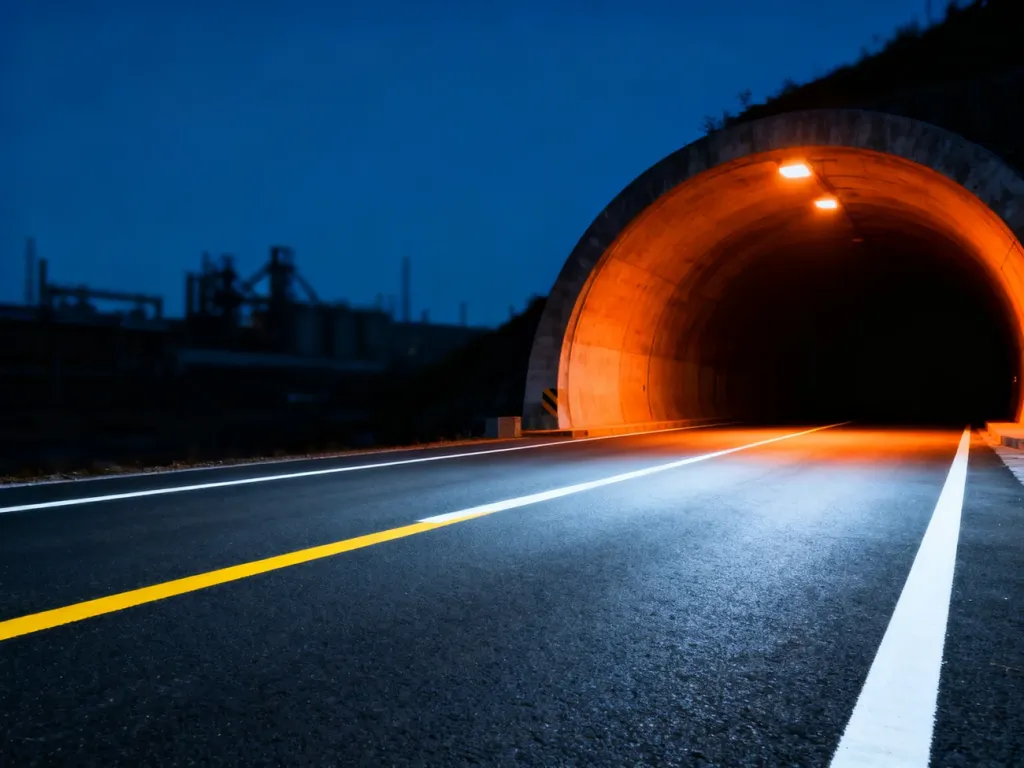 Oświetlony wjazd do tunelu w Świnoujściu nocą, z widoczną drogą prowadzącą do wnętrza obiektu.