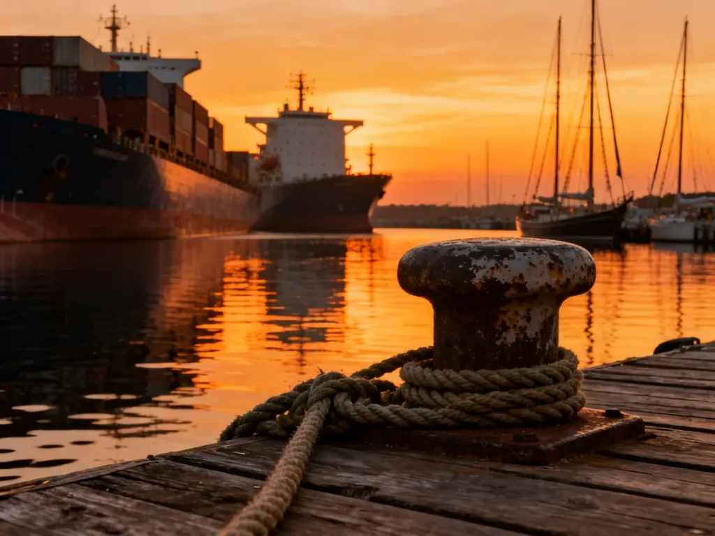 Tętniący życiem port o zachodzie słońca z zacumowanymi statkami przy drewnianym nabrzeżu.