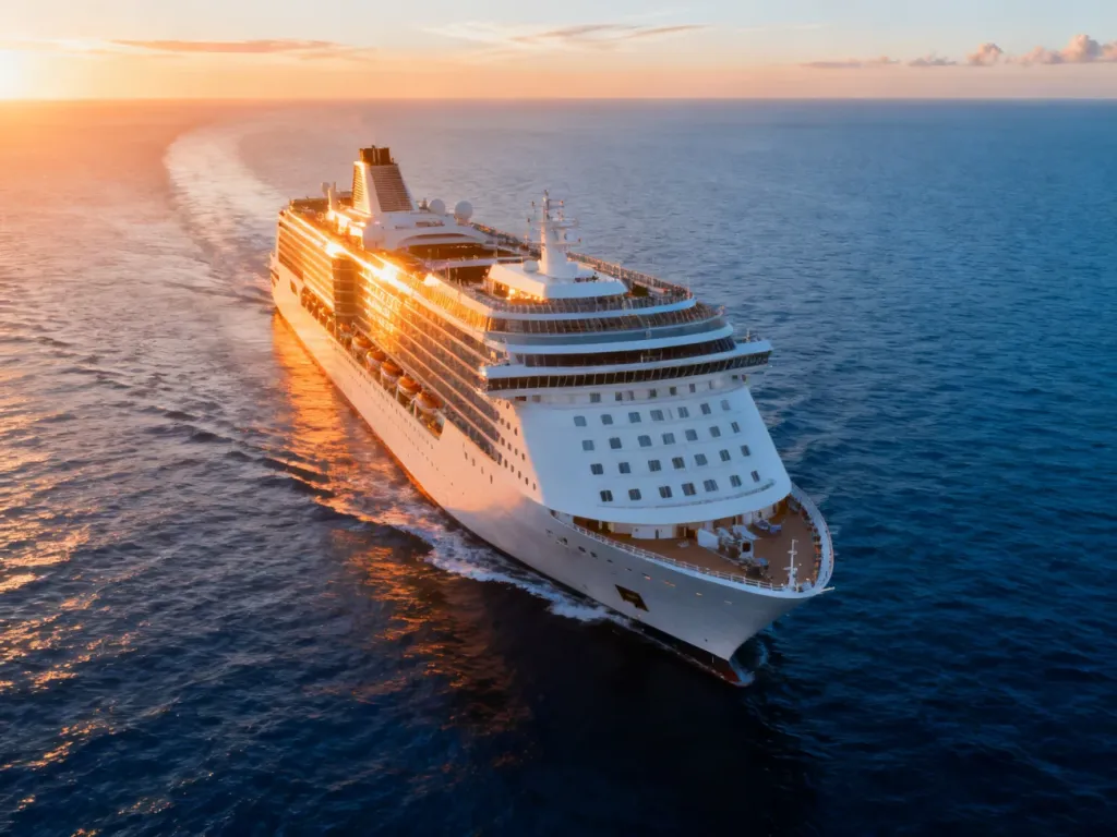 Nowoczesny wycieczkowiec Icon of the Seas płynący po oceanie w blasku zachodzącego słońca.