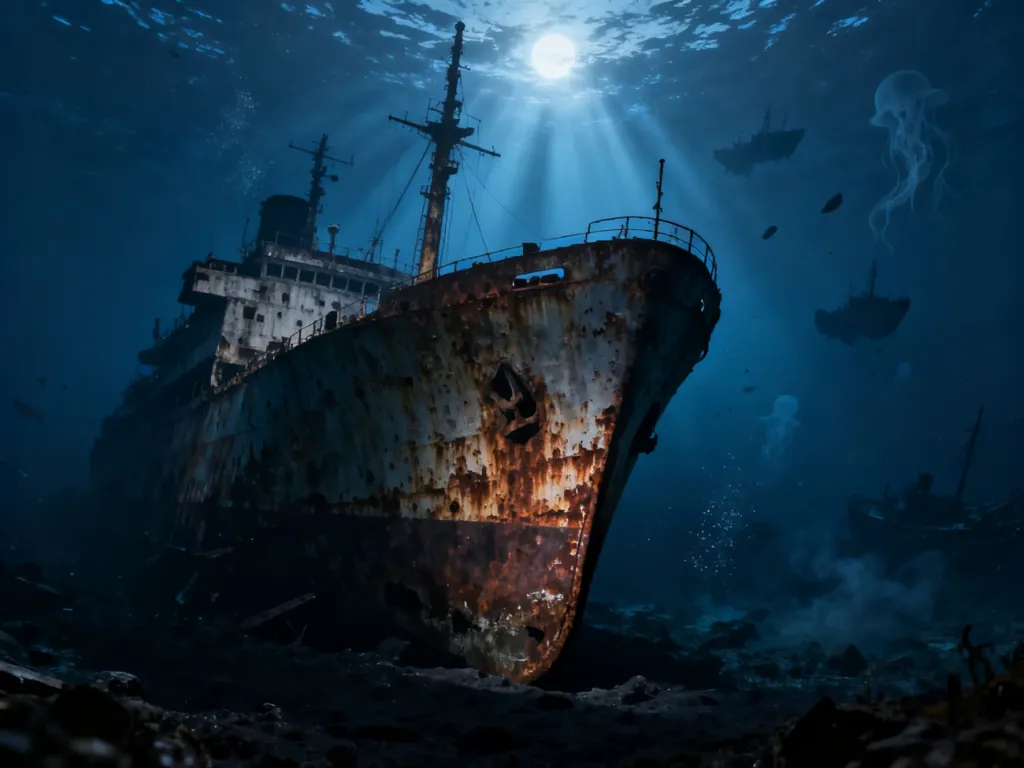 Zardzewiały dziób wraku Titanica spoczywający na dnie oceanu w mrocznej, podwodnej scenerii.