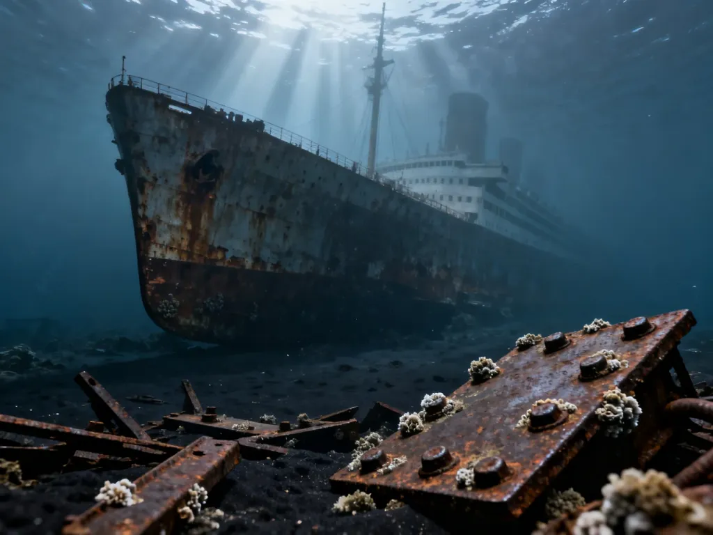 Zardzewiały wrak ogromnego statku spoczywający na dnie oceanu w mrocznej, tajemniczej scenerii.