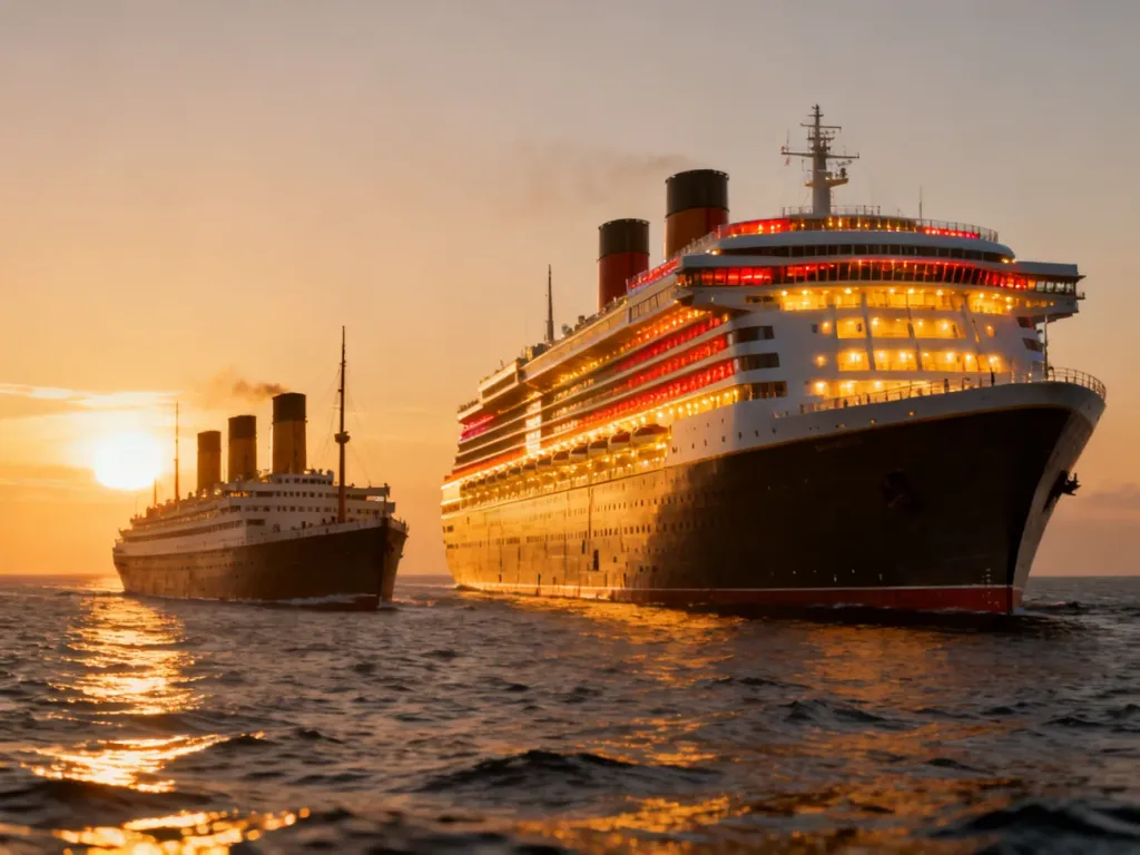 Porównanie nowoczesnego wycieczkowca Icon of the Seas z historycznym Titanikiem na tle zachodzącego słońca.