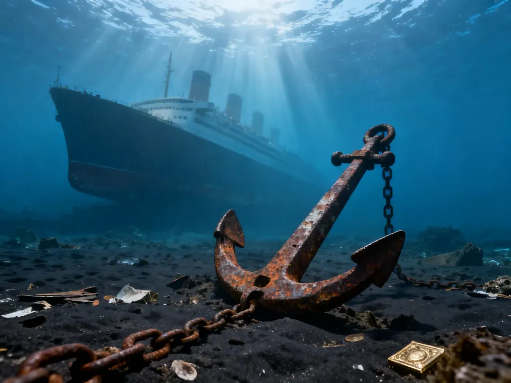 Zardzewiała kotwica na dnie oceanu oraz zarys kadłuba Titanica w głębinach morskich.
