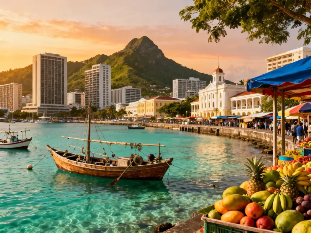 Panoramiczny widok na nabrzeże Port Louis o zachodzie słońca, łączący tradycyjne łodzie z nowoczesną architekturą i górami.
