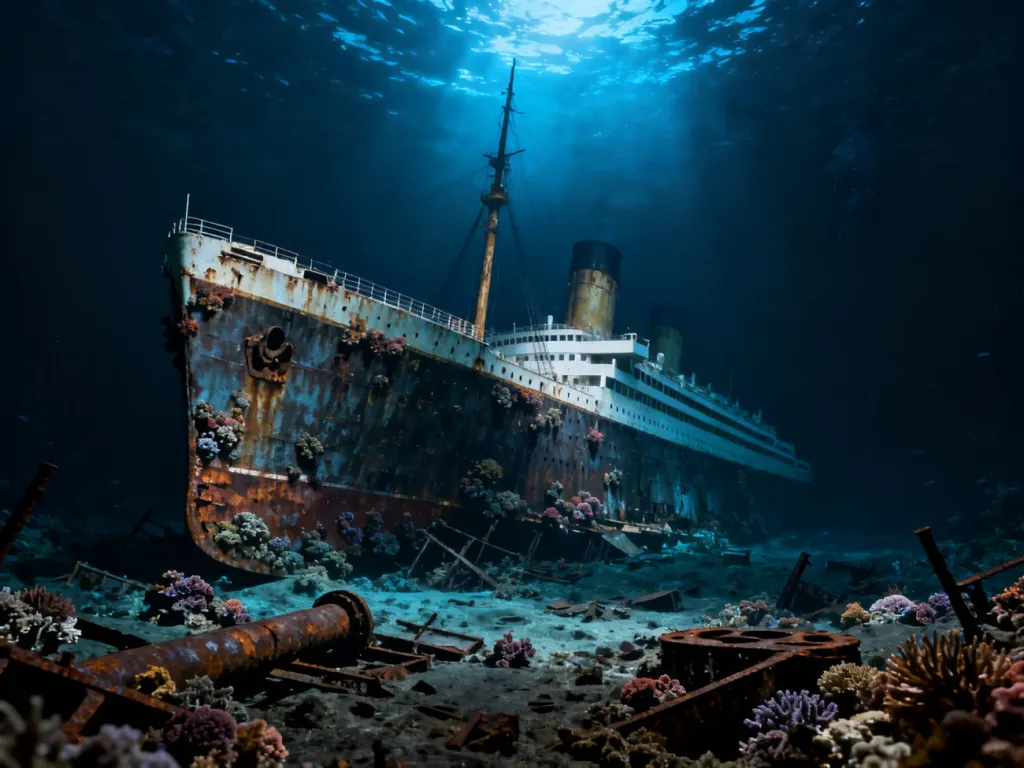Wrak Titanica spoczywający na dnie oceanu w otoczeniu szczątków statku w mrocznej, głębinowej scenerii.