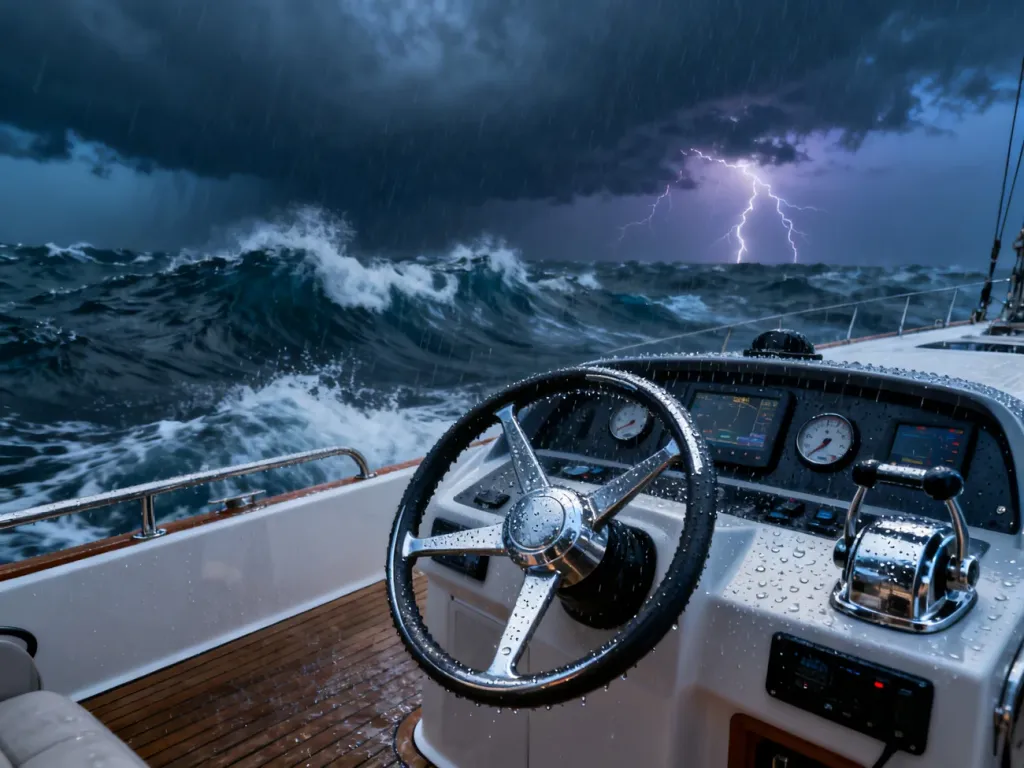 Nowoczesny jacht podczas sztormu z widocznym kołem sterowym i wzburzonymi falami oceanu w tle.