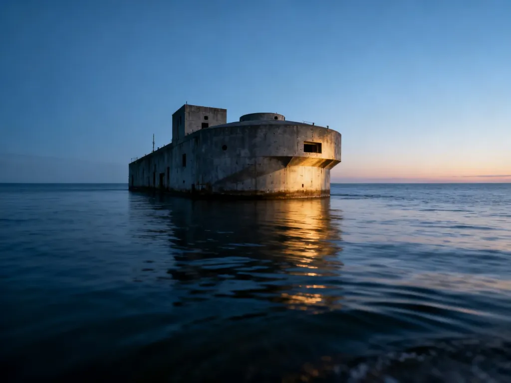 Opuszczona torpedownia w Gdyni wyłaniająca się z wód Bałtyku w nastrojowym świetle o zachodzie słońca.